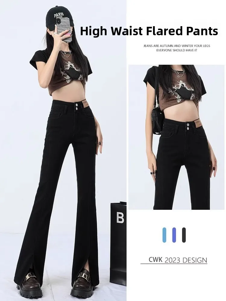 

High Waist Flared Jeans Women's Slimming Elastic Slit Denim Pants Long Floor-Length Buttons Bootcut Pants Cotton Stretch Fabric