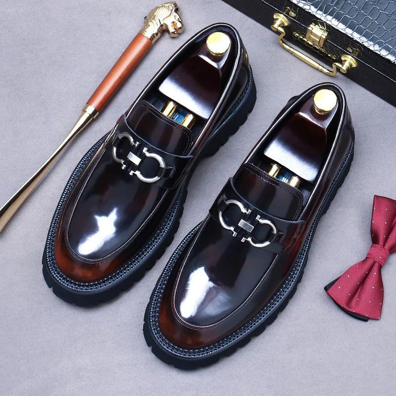 Punk Loafers Men\'s Business Shoes Thick Soles Round Toe Genuine Leather Causual Shoe Height Increase British Style Big Head Shoe