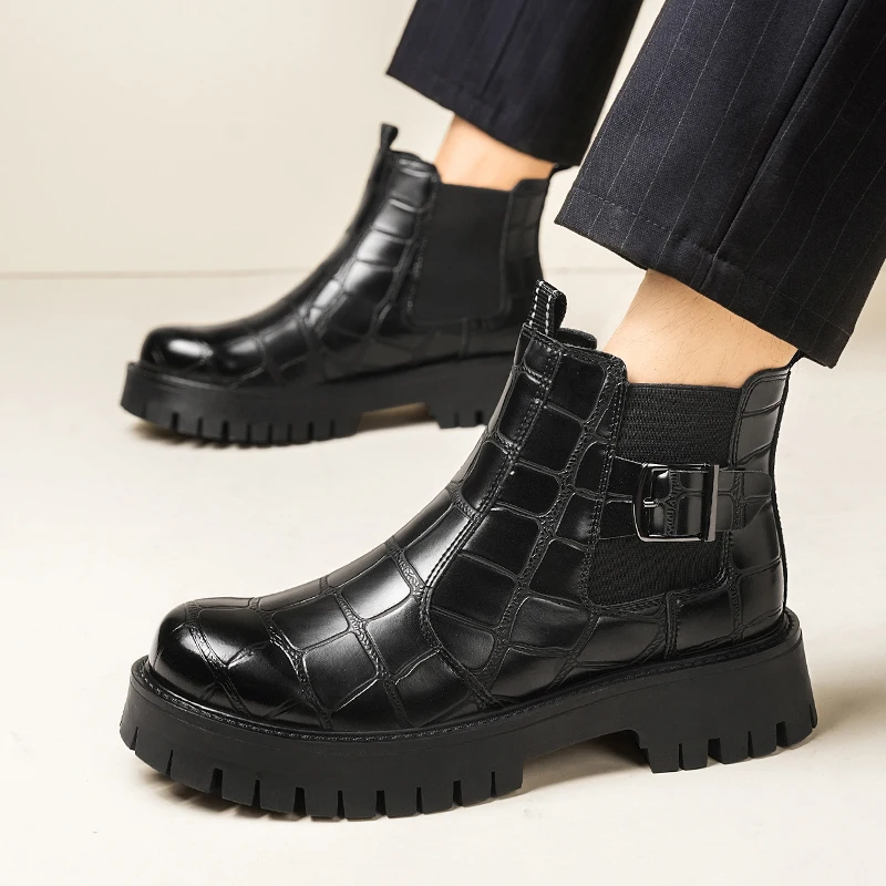 موضة سميكة سوليد الراحة أحذية جلدية غير رسمية فاخرة عالية أعلى الأعمال مكتب التنقل الأحذية جودة الرجال تشيلسي الأحذية #3