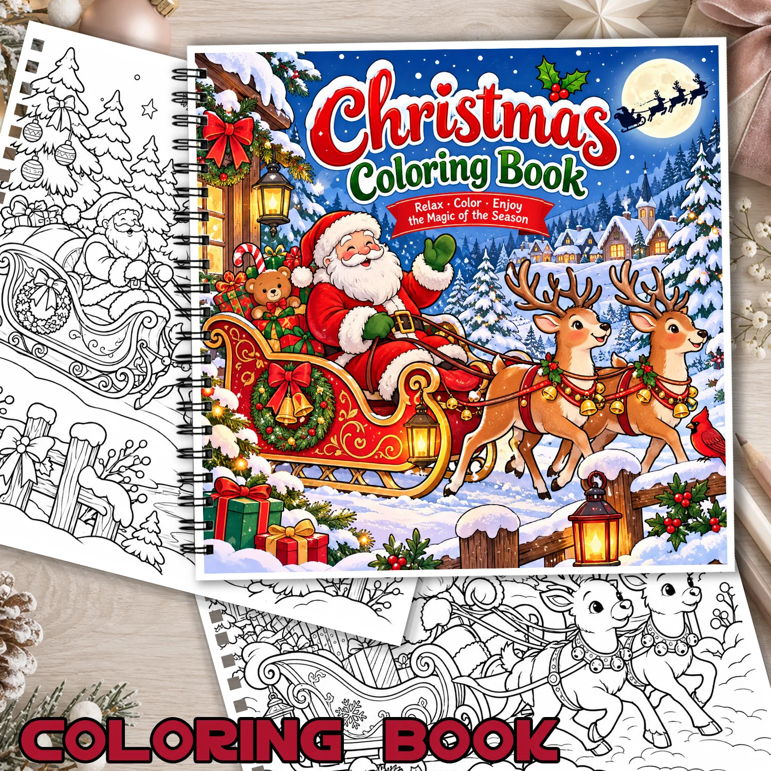 Christmas Coloring Book Featuring Santa Sleigh Reindeer Winter Village Scenes, 24Pages Showcasing Creativity & Relieving Stress