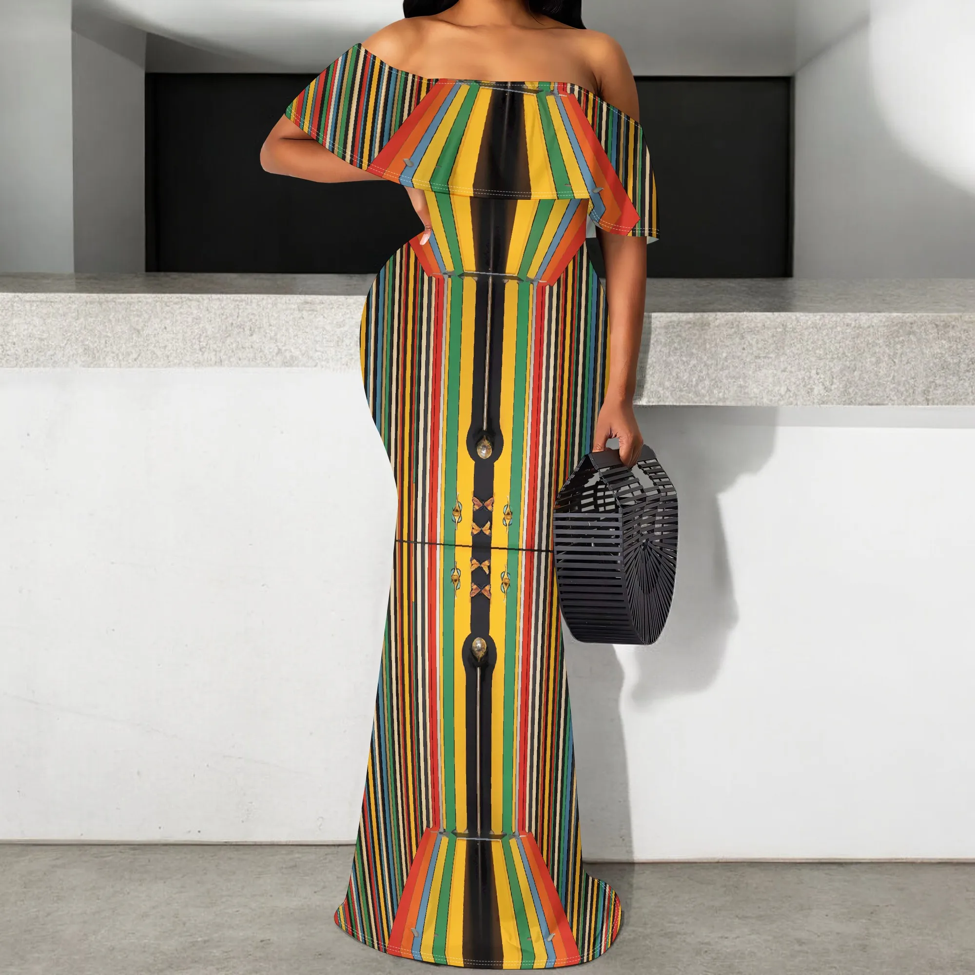 

Women's Off-Shoulder Maxi Dress 2025 Vertical Rainbow Stripe Print S-3XL Colorful Summer Party & Vacation Wear