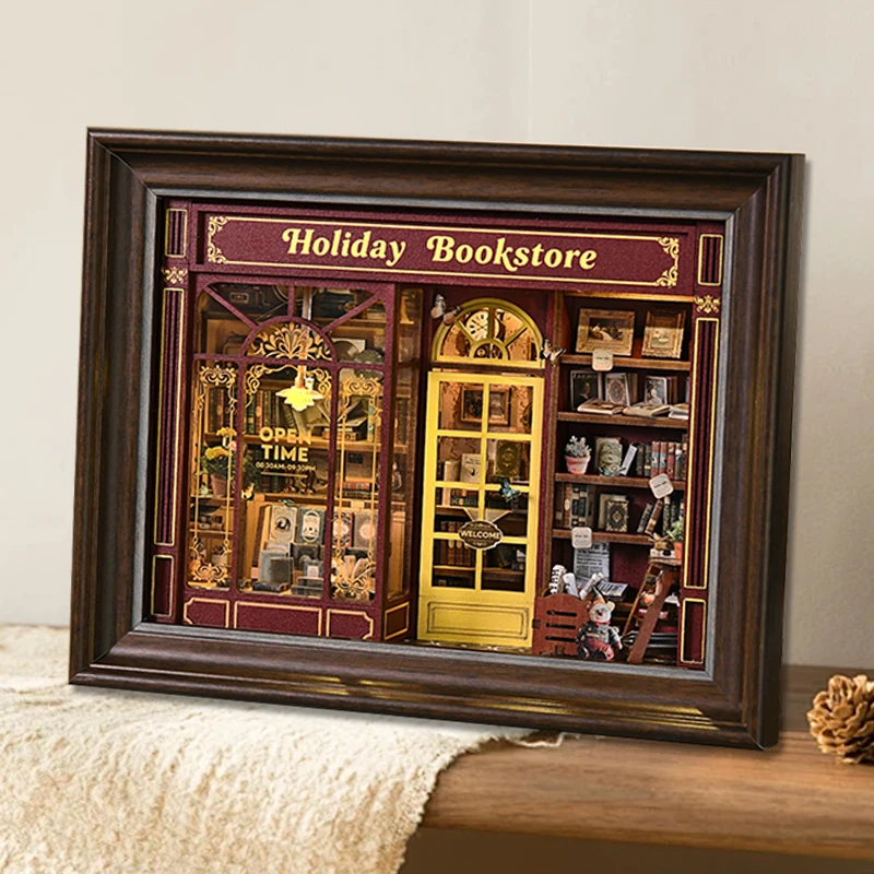 بيت الدمية DIY مع رف الكتب الخفيف LED إدراج اليدوية ثلاثية الأبعاد لغز خشبي صغير دمية إطار الصورة زخرفة لهدايا عيد الميلاد #1