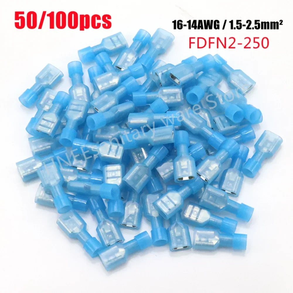 100/10pcs Nylon Female Cable Wire Connector FDFN2.5-250 FDFN2-250 Insulated Brass Spade Terminals Joint Eletrico 16-14AWG Blue