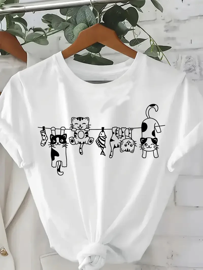 

Plus Size Anima 90s Manga Climb Cute Cat Design Print T-shirt Short Sleeve Crew Neck Women's Clothing Top Tee