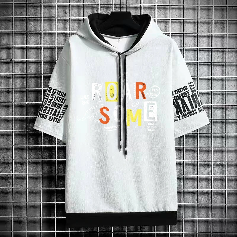 Korean Version Of The Trend Of Men\'s Hooded Printed T-Shirt Youth Spring Summer Thin Clothes Everyday Casual Short Sleeves Tops