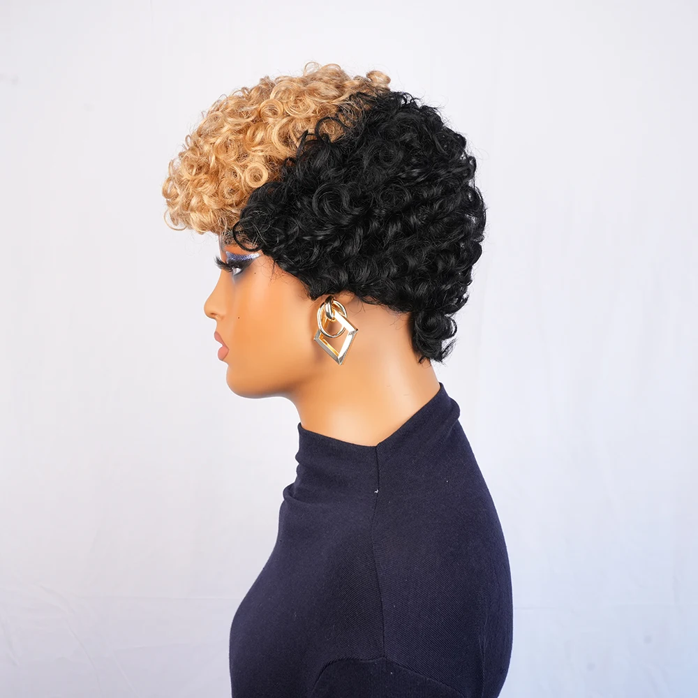 Peruka z krótkich, kręconych włosów naturalnych Pixie Curly, wykonana maszynowo, dla kobiet, krótka, kolor 1B27, na imprezy i na co dzień, peruka codzienna.