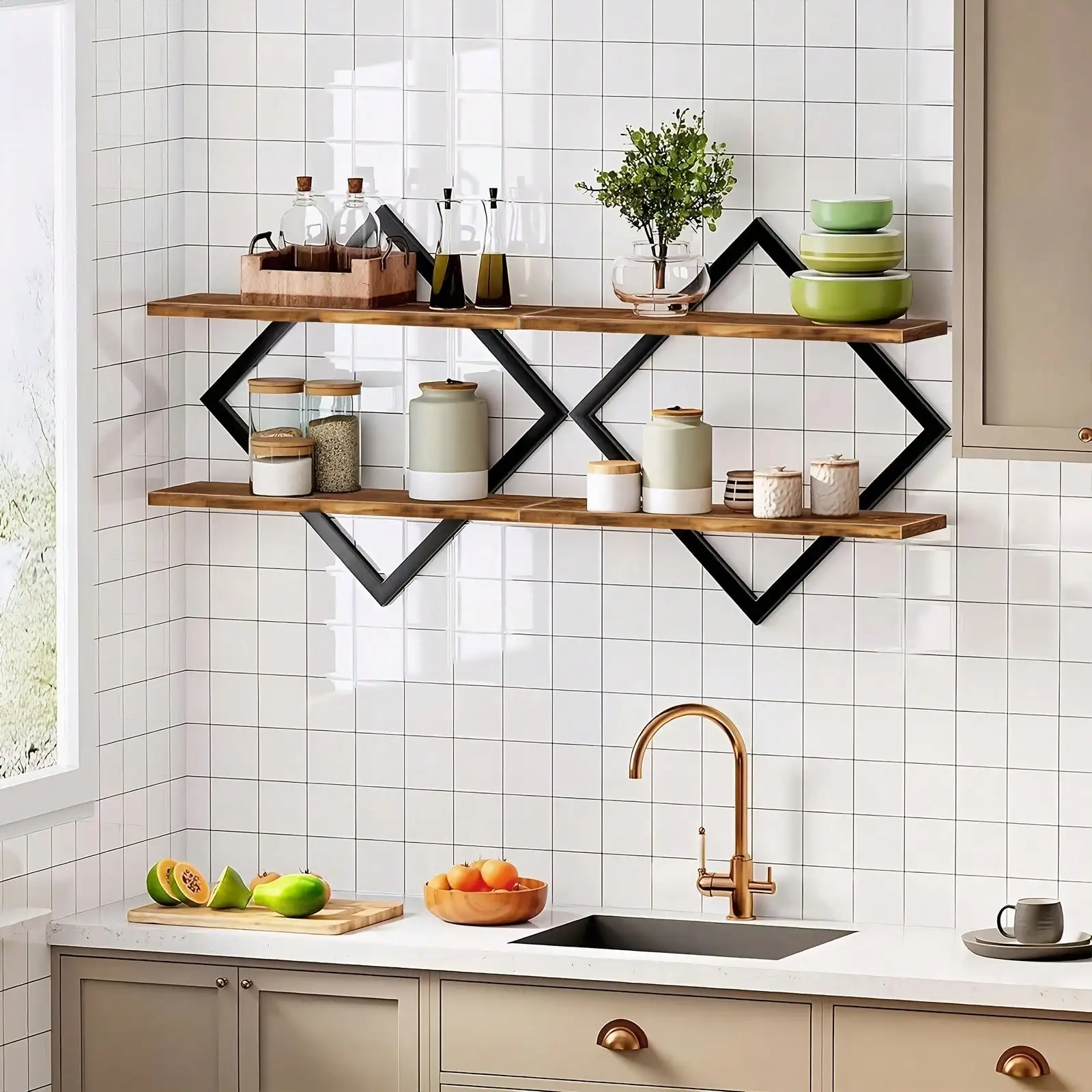 Wooden Diamond Floating Shelves Modern Geometric Black Metal Frame Wall Mounted Shelves 2 Piece Set 2 Tier Display Rack Space Saving Wall Storage For Living Room Bedroom Office Plants Decor Housewarming Gift