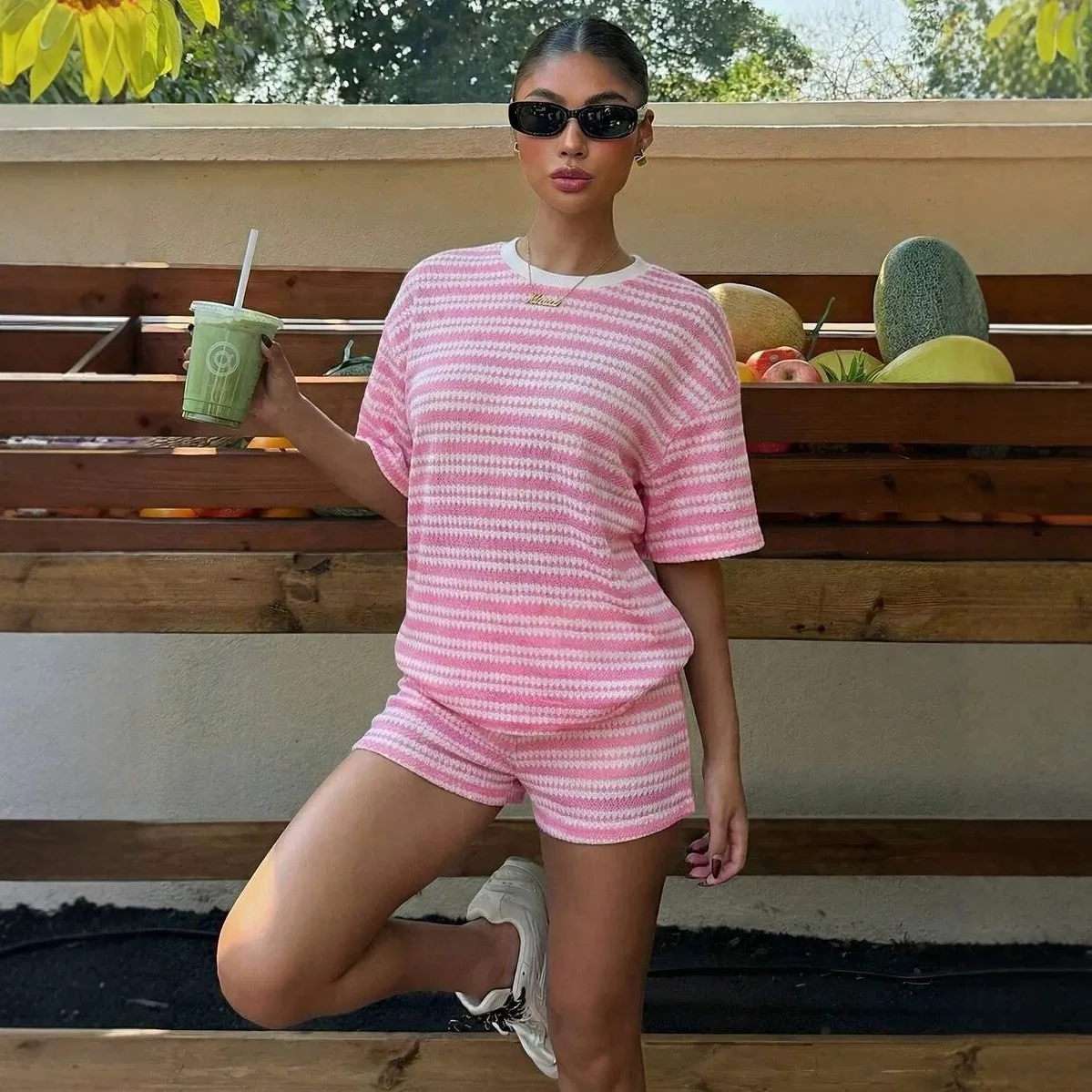 Light Blue Striped Oversized Two-Piece Set round Neck Cap Sleeve Top with Matching Mini Short Pants Textured Knit Summer Outfit