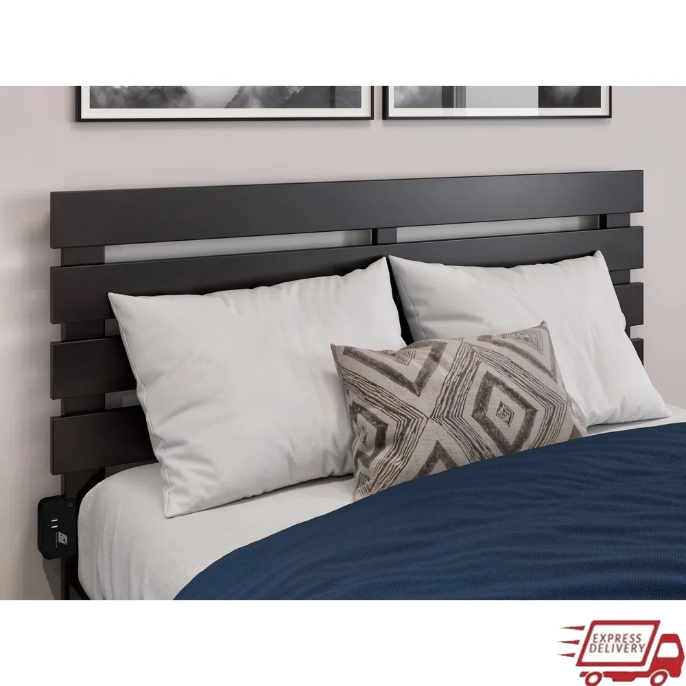 

Oxford Farmhouse Wood Panel Headboard with USB Ports Full Bed Solid Hardwood Rustic Modern Design Easy Assembly
