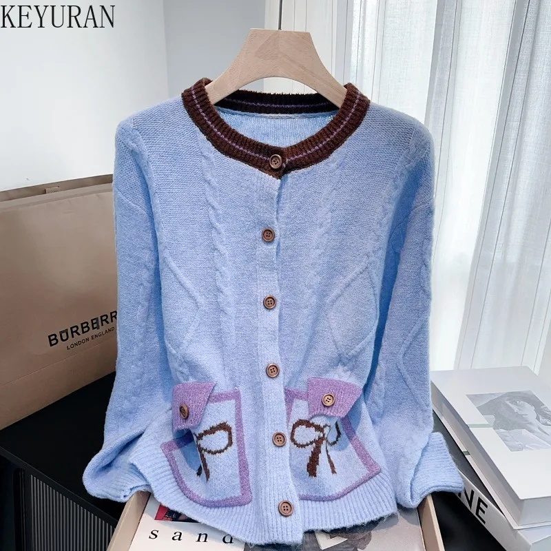 

Kawaii укороченный вязаный кардиган женский розовый свитер с бантом верхняя одежда осень-зима новый корейский лоскутный трикотаж джемперы женские топы