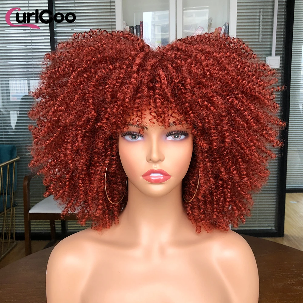 Short Hair Afro Kinky Curly Wig With Bangs For Black Women Synthetic Cosplay Lolita Ombre Blue Pink Red Wig