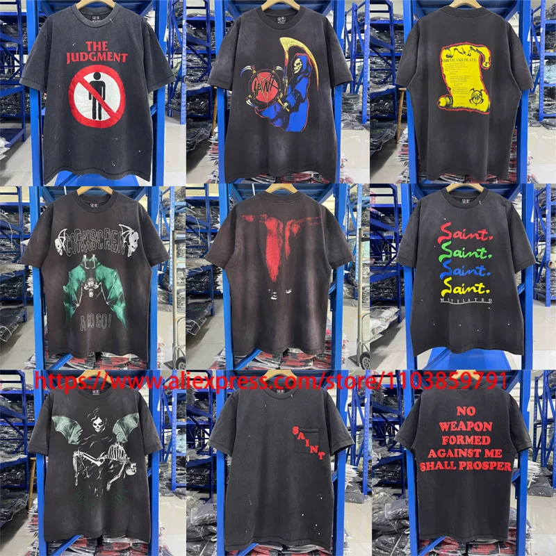 

Модная футболка Saint в стиле ретро, повседневная стираная креативная футболка с короткими рукавами и принтом брызг чернил, высококачественные футболки с круглым вырезом