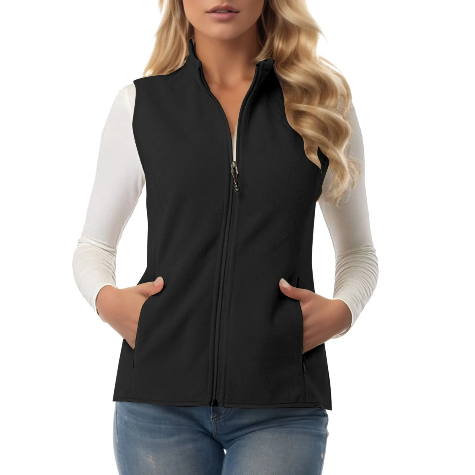 Winter Sleeveless Fleece Vest Coat Women Fashion Full Zipper Stand Up Collar Velvet Jacket Vest Outdoor Sleeveless Vest Top