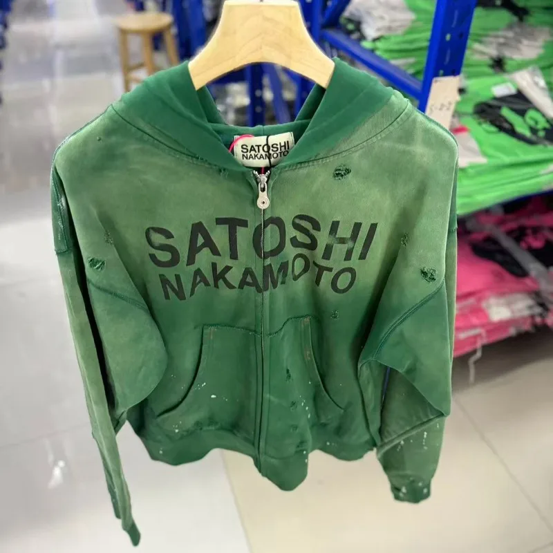 Satoshi Nakamoto Green Zip Up Hoodie Men Women Distressed Paint Splatter Print Hip Hop Oversized Jacket