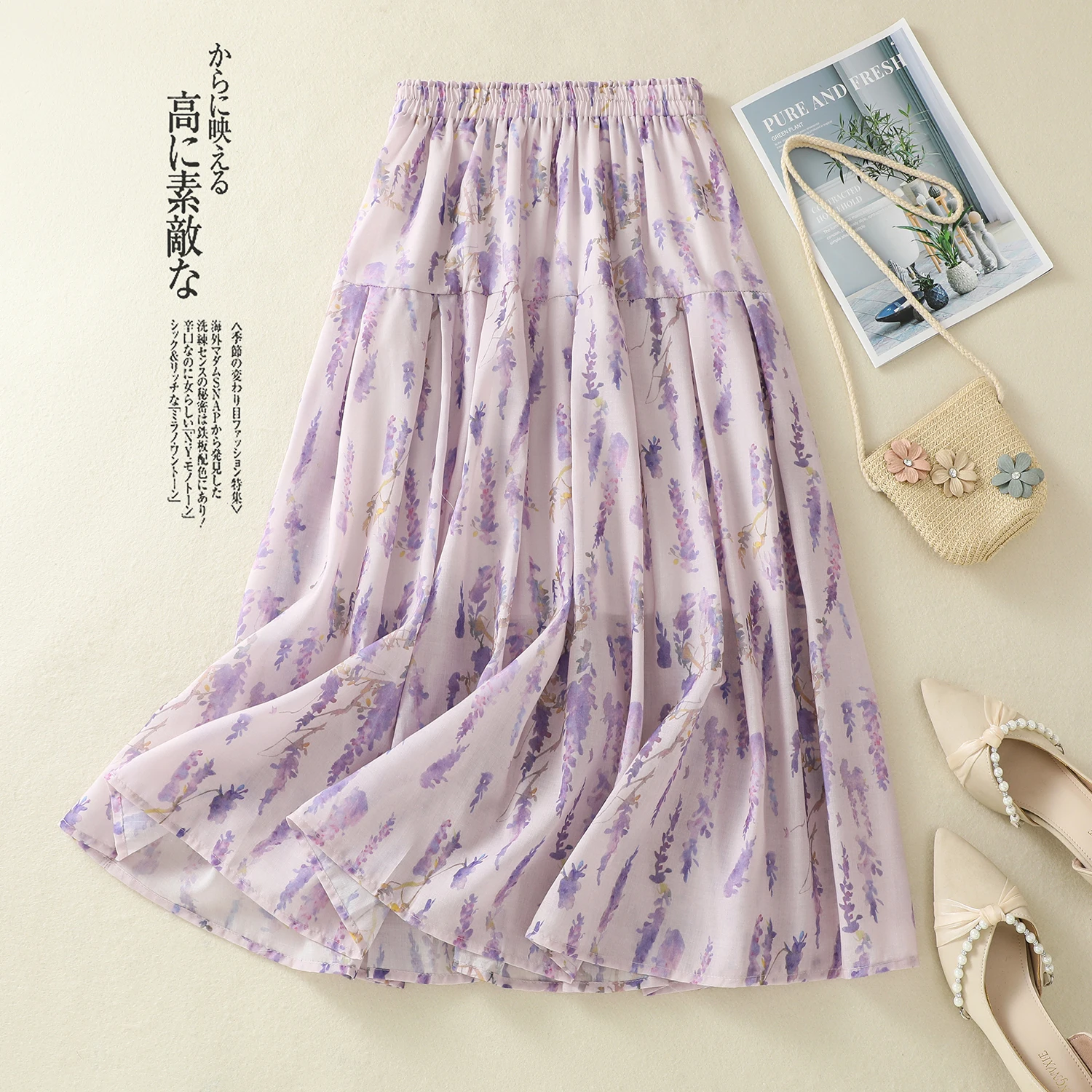 Spring Summer Floral Print Tiered Purple Cotton Skirts Womens Elastic High Waist A-line Midi Long Skirt Holiday Beach Boho Skirt