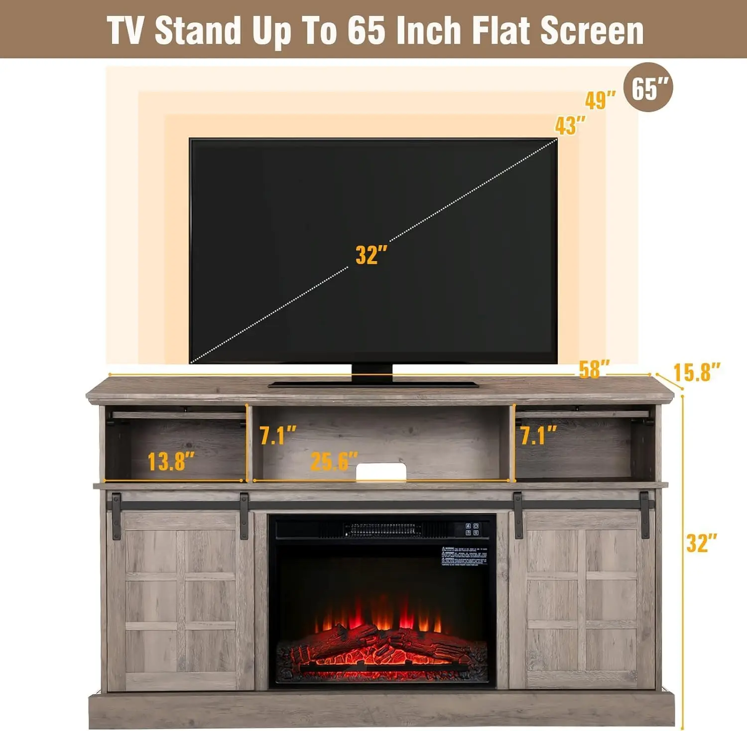 Подставка для камина для телевизора 65 дюймов, развлекательный центр с электрическим камином 23 дюйма, подставка для фермерского дома 58 дюймов с раздвижной дверцей сарая