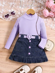 Girl's Cute Colored Turtleneck Top With Multiple Buttons And Pleated Skirt With Heart Belt