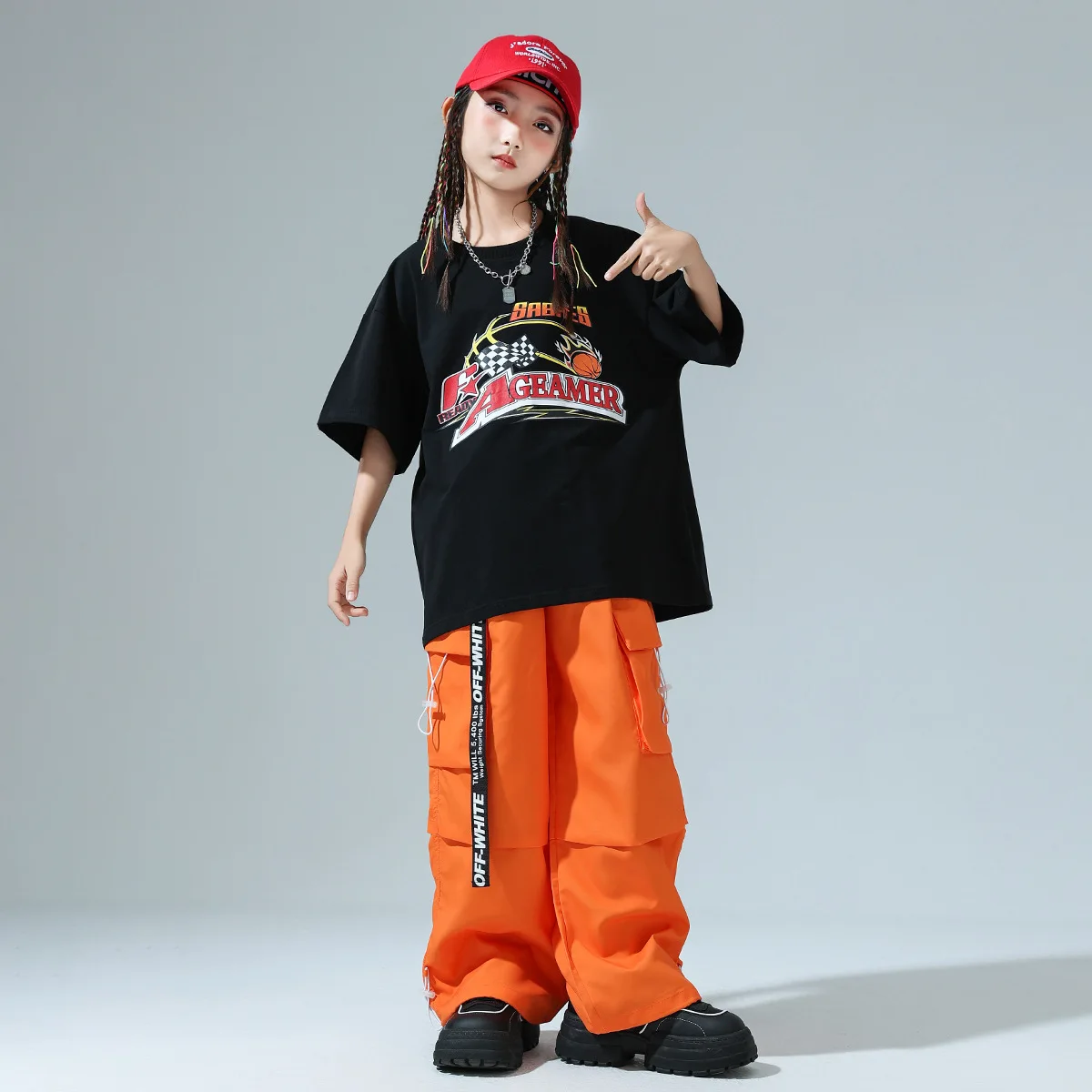女の子ヒップホップセットバスケットボールパターン黒 Tシャツオレンジカーゴパンツストリート子供社交服男の子ジャズ衣装