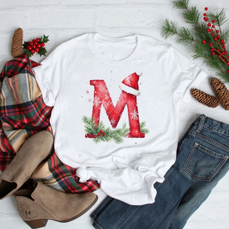 New 26 A~Z Christmas Hats Alphabet T Shirt Women Casual Fashion T-shirt Short Sleeve Christmas Party Aesthetics Tshirts Tops