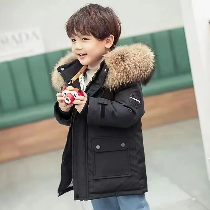 -30℃ Winter Kids Padded Jacket Children Thick Plus Velvet Warm Parkas Coat Boys Girls Fur Collar Hooded Cotton Clothes Outerwear