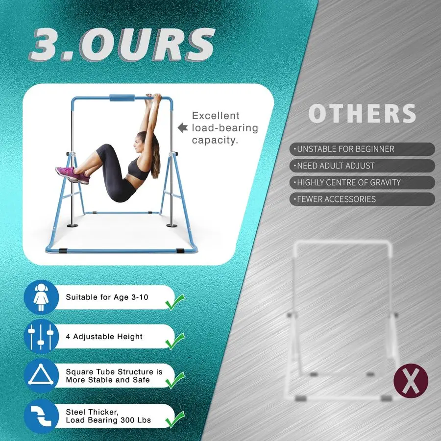 شريط للجمباز الصغار، تصميم قابل للتعديل والطي، قضبان أفقية قابلة للتوسيع، قضبان متينة وقوية