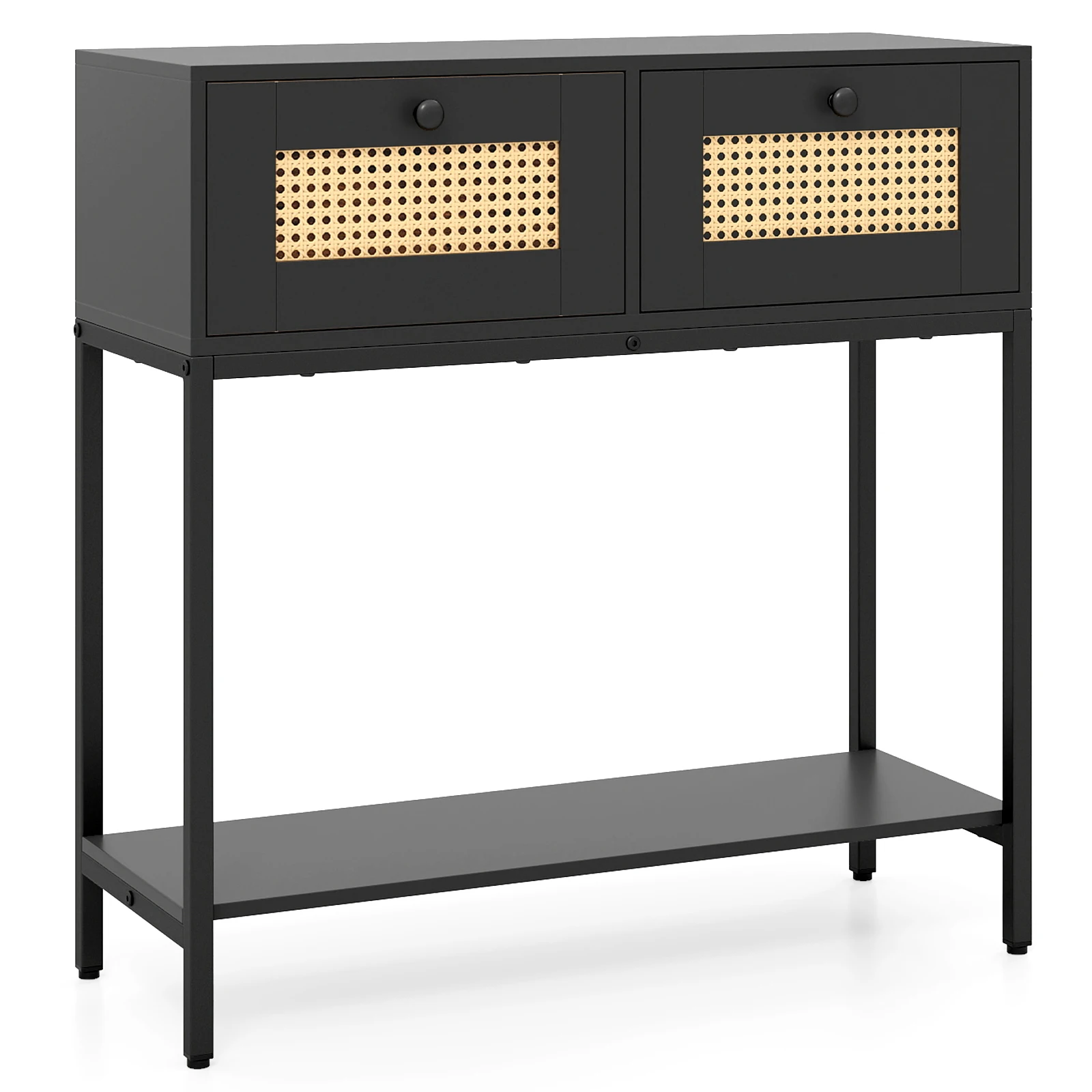Rattan Console Table w/ 2 Rattan Drawers & Open Storage Shelf Metal Legs