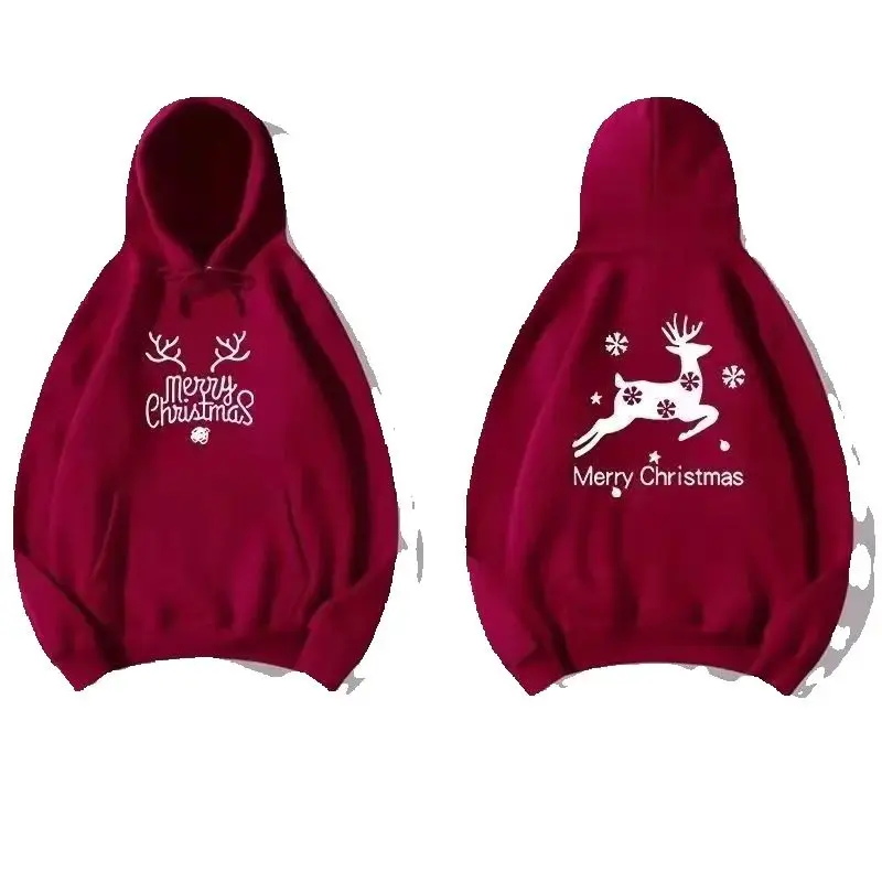 Christmas Series Elk Red Hooded Sweatshirt Women Couple Wear Loose Cartoon Autumn Winter New Velvet Top