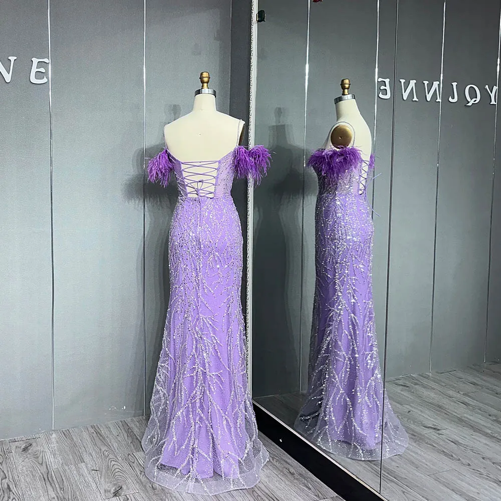 Luxury Purple Feathers Long Prom Dresses Off Shoulder Mermaid Sequined Formal Dubai Party Gown Lace-up Tulle