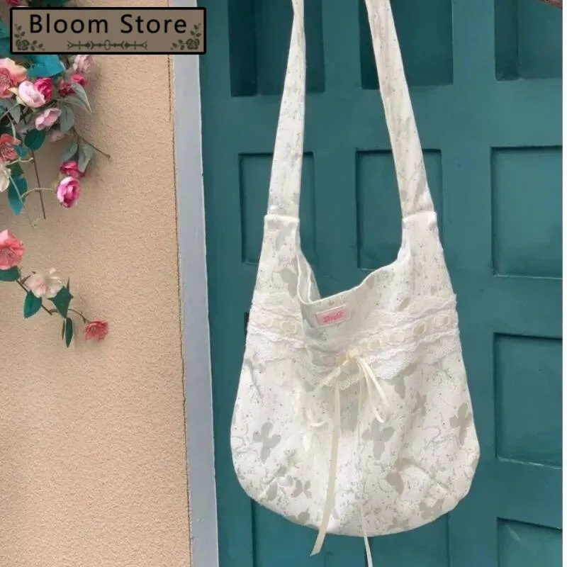 

Bloom Fairycore White Shoulder Bags Purse Women Hot Girls Bow Chic Lace Y2k Handbag Female Vintage Canvas Tote Bag Aesthetic