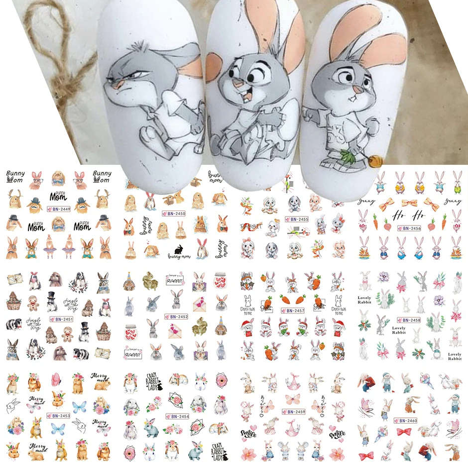 Saggezza Bunny Cursori per acqua per unghie Acquerello Cartoon Design Fiore Foglia Primavera Decalcomanie Foil Accessori fai da te Adesivo filigrana