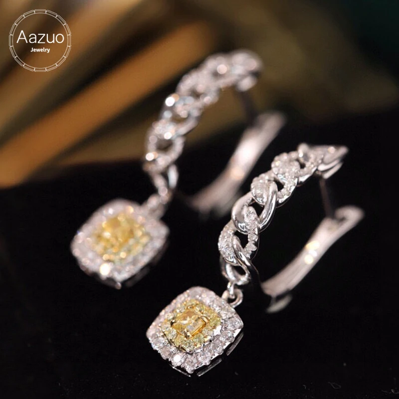 Aazuo Real 18K Solid White Gold Real Yellow Diamonds Hemp Flowers Square Stud Earring Gifted For Women Wedding Party  Au750