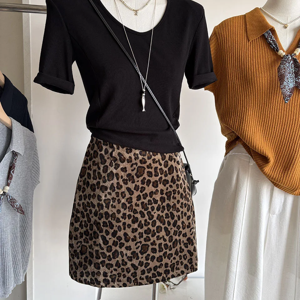 Café Color Leopard Print Short Skirt Women's Autumn Winter Suede Simulation Bodycon A-Line  Skirt Anti-Light Walking