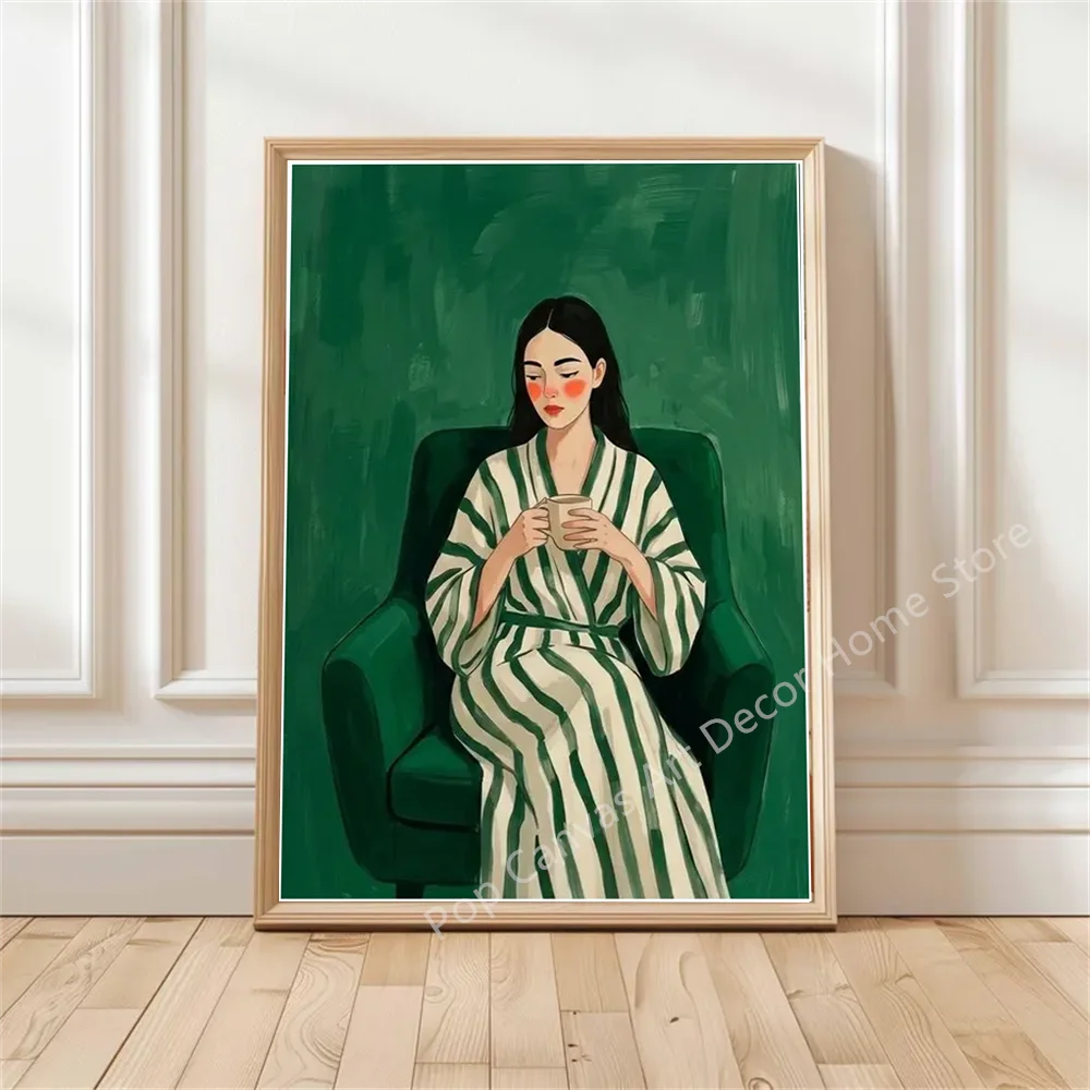 

Hand-Painted Oil Painting Woman with Coffee Cup Canvas Wall Art, Green Minimalist Living Room Bedroom Decor Artwork
