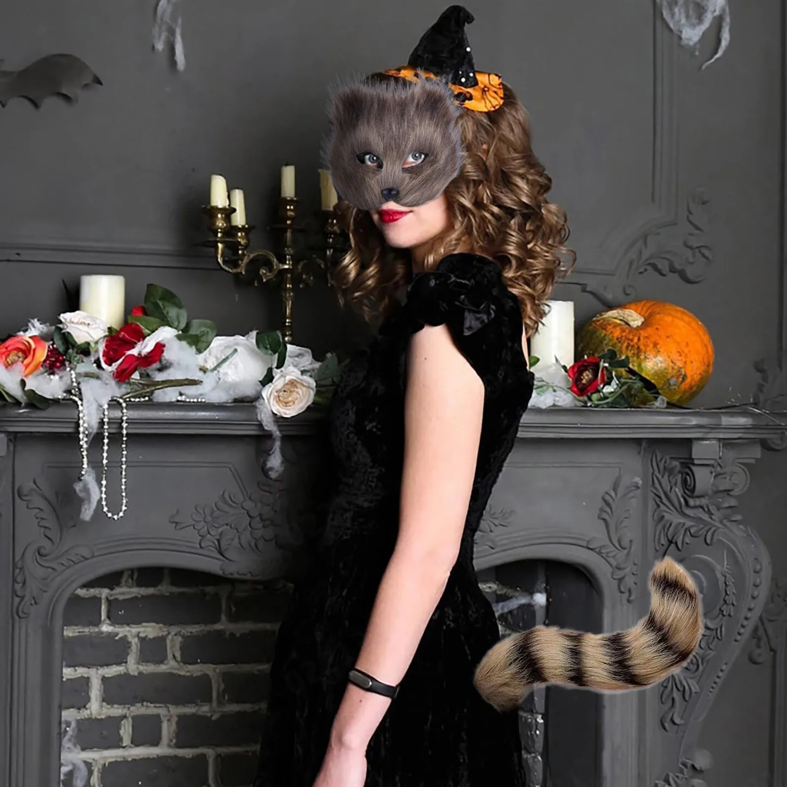 Sexy Mask and Tail Set Halloween Cosplays Costume Accessorie Cats Mask Tail Half Face Faux Furs Foxes Tail Cats Mask Plush Tail