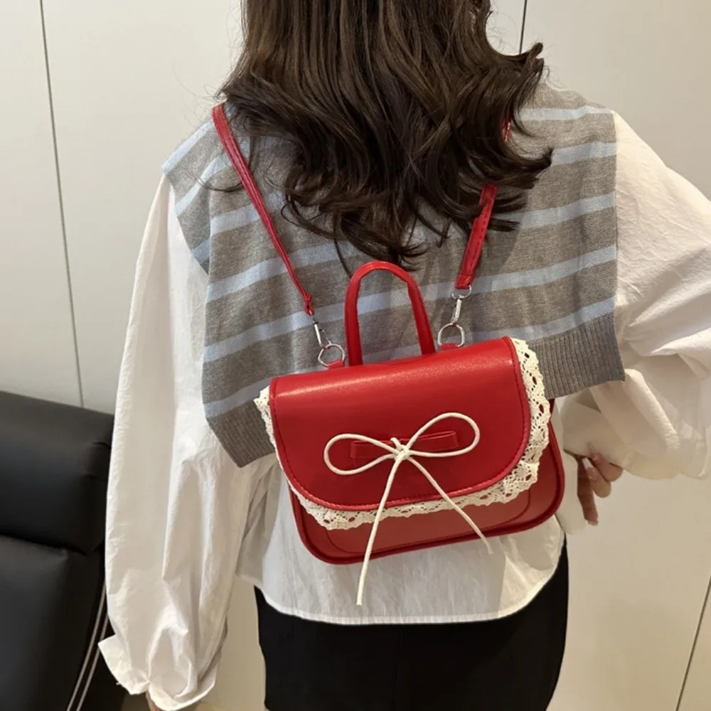 

Simple Mini Lace Bow Backpack Kawali Elegant PU Leather Bag with Handle Square Shouder Bag Gift