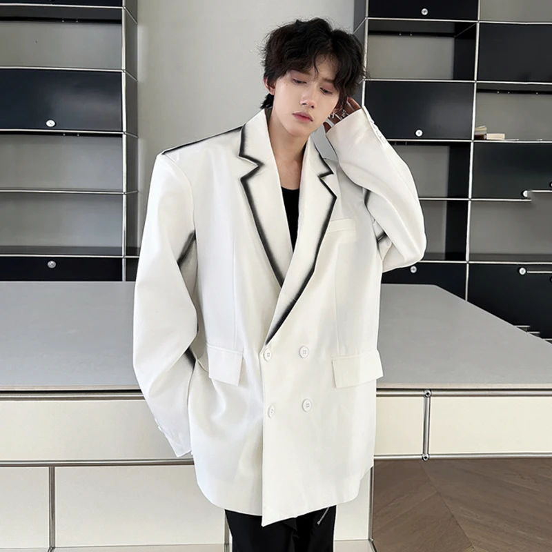 IEFB New Korean Style Men Blazer Autumn Handmade Spray Painted Double Breasted Shoulder Pad Contrast Color Suit Jacket 9C7190