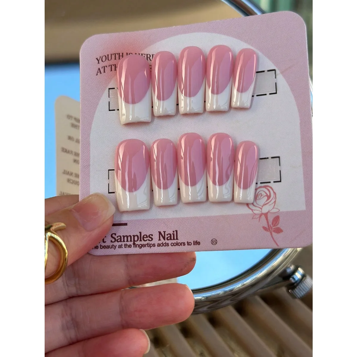 

10 шт. многоразовых наклеек для ногтей ручной работы - квадратные, средней длины, французские, заостренные, розово-белые, глянцевые, накладные ногти