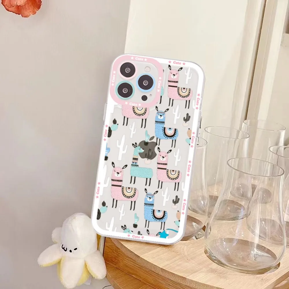 Kawaii Cute Llama Alpaca Animals Cartoon Colorful Phone Case For IPhone 15 13 14 Pro Max XS XR 12 11 Pro 13 Mini Clear Back