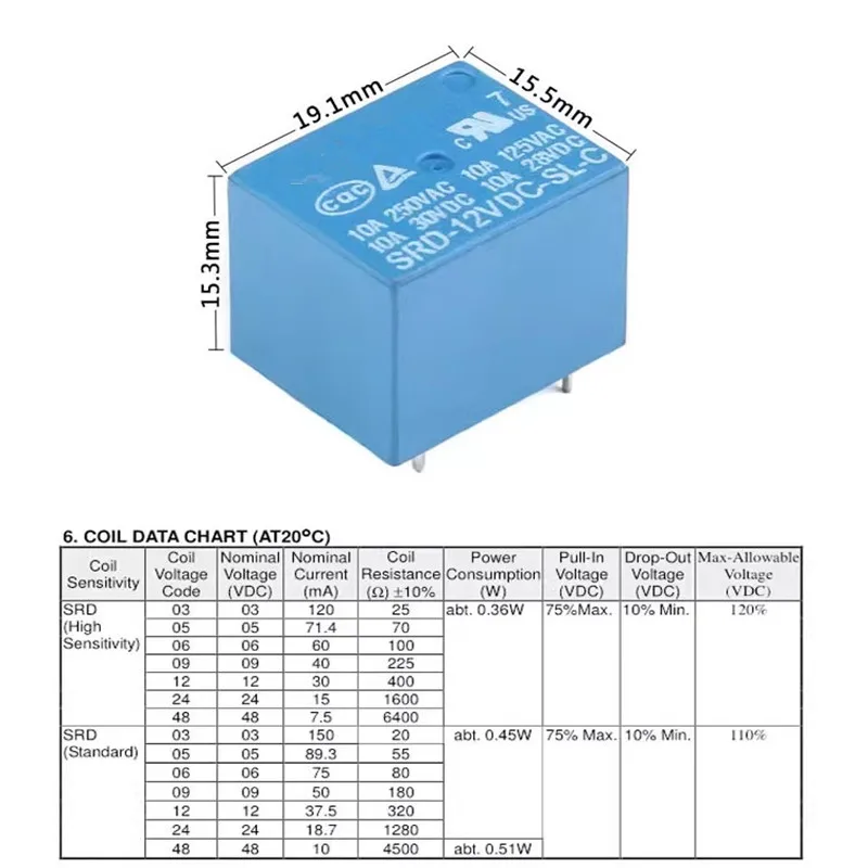 5Pcs Relays SRD-03VDC-SL-C SRD-05VDC-SL-C SRD-06VDC-SL-C SRD-09VDC-SL-C SRD-12VDC-SL-C 3V 5V 6V 9V 12V 24V 48V 10A 250VAC 4/5PIN