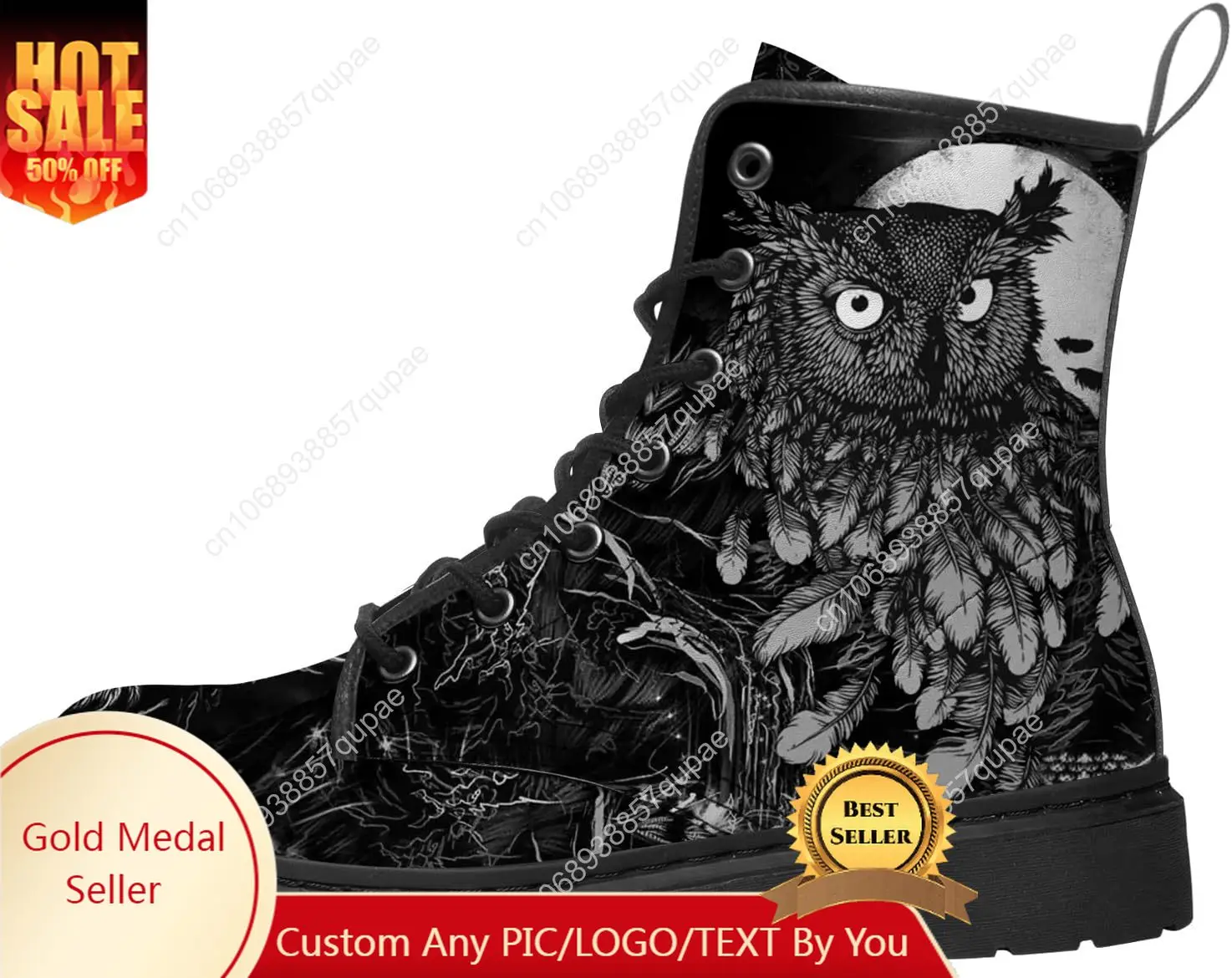 Classic Owl Design Fashion Boots High Quality Mens Womens Teenagers Leather Work Boots Printed Vintage Custom Flat Boots