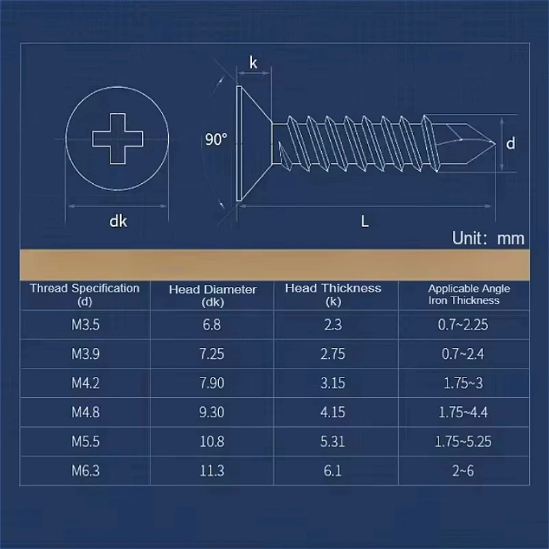 M3.5 M3.9 M4.2 M4.8 M5.5 M6.3 410/304 Stainless Steel Phillips Flat Head Self Drilling Screw Metal Sheet Self Tapping Screw