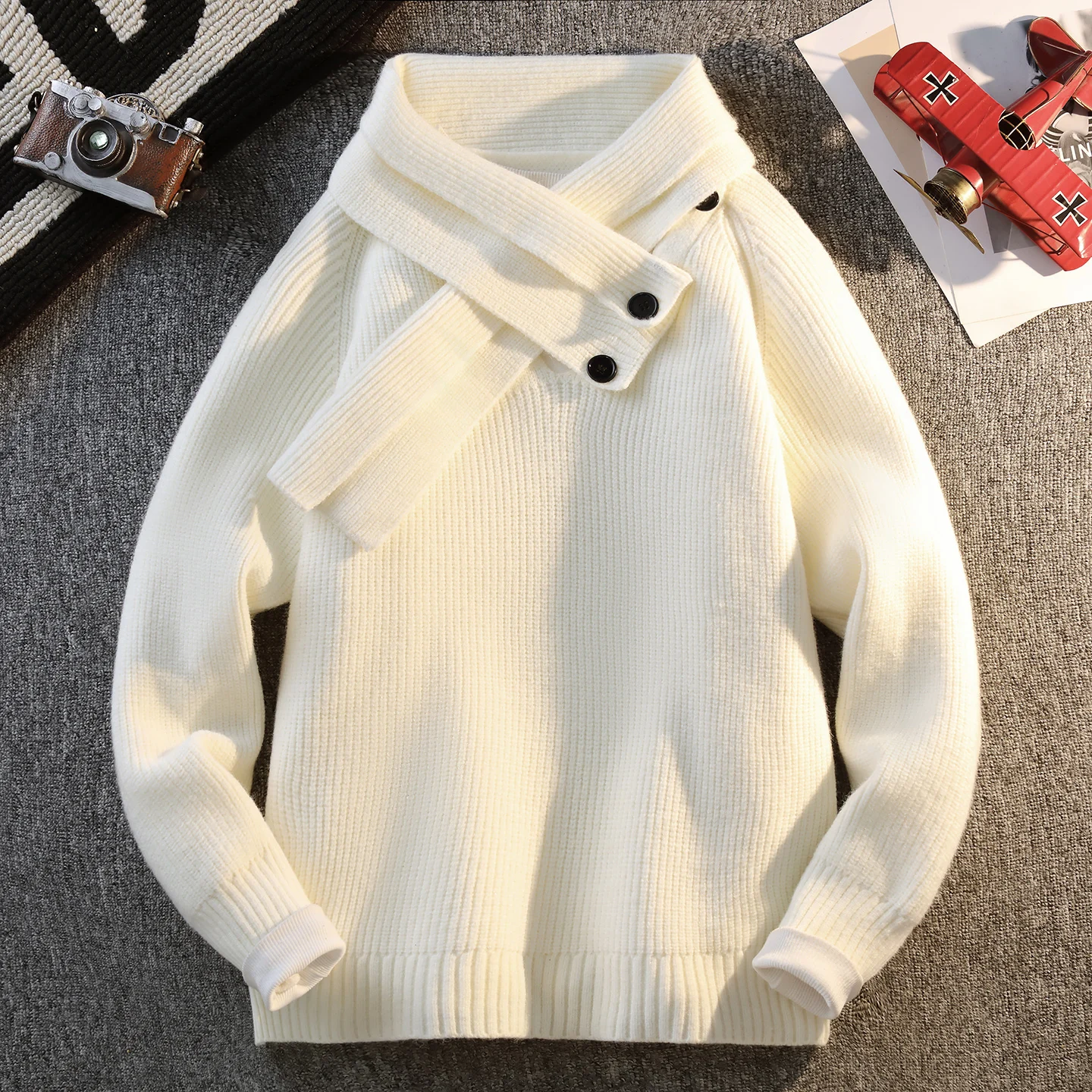 

Men's wool pullovers 2025 winter Sweaters men warm V-neck sweater mens fashion scarf sweaters Casual Cable Knit Button Sweaters