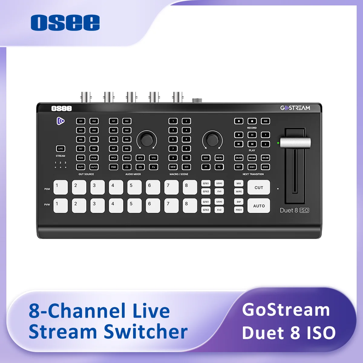Osee GoStream Duet 8 ISO 8-Channel Video Switcher with 4x4K HDMI 4xSDI 4xNDI HX/4xSRT/4xRTMP 2xWebcam Audio for Live Streaming