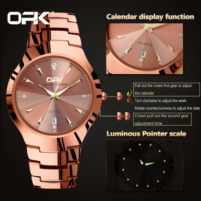 OPK Couple Watches For Lovers Rhombus Mirror Diamond Calendar Stainless steel Waterproof Wristwatch for Couple Reloj de pareja