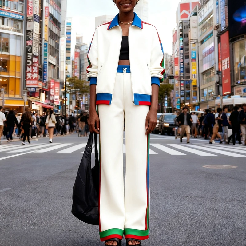 

Modigirl женский контрастный цвет, свободный комплект из 2 предметов, осень-зима 2025 года, полосатые брюки с карманами, молния с лацканами, теплые городские повседневные комплекты курток