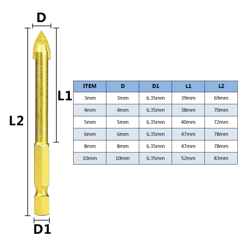 5/6/7pcs Glass Spear Head Drill Bit Set 3-12mm 1/4