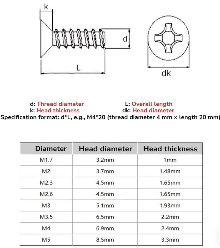 M1.7/M2/M2.3/M2.6/M3/M3.5/M4 Carbon Steel/304 Stainless Steel Phillips Countersunk Flat Head Tail-Cutting Self-tapping Screw