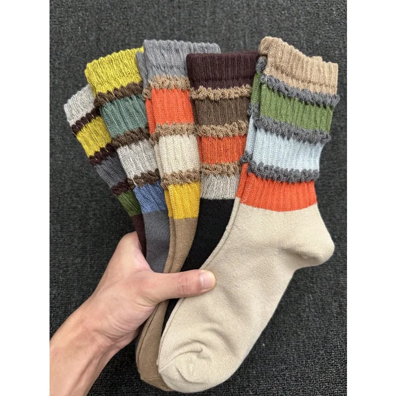 5 Pairs Women Loose Socks, Autumn/Winter Striped Mid-Calf Socks, Retro Rainbow Color Long Socks