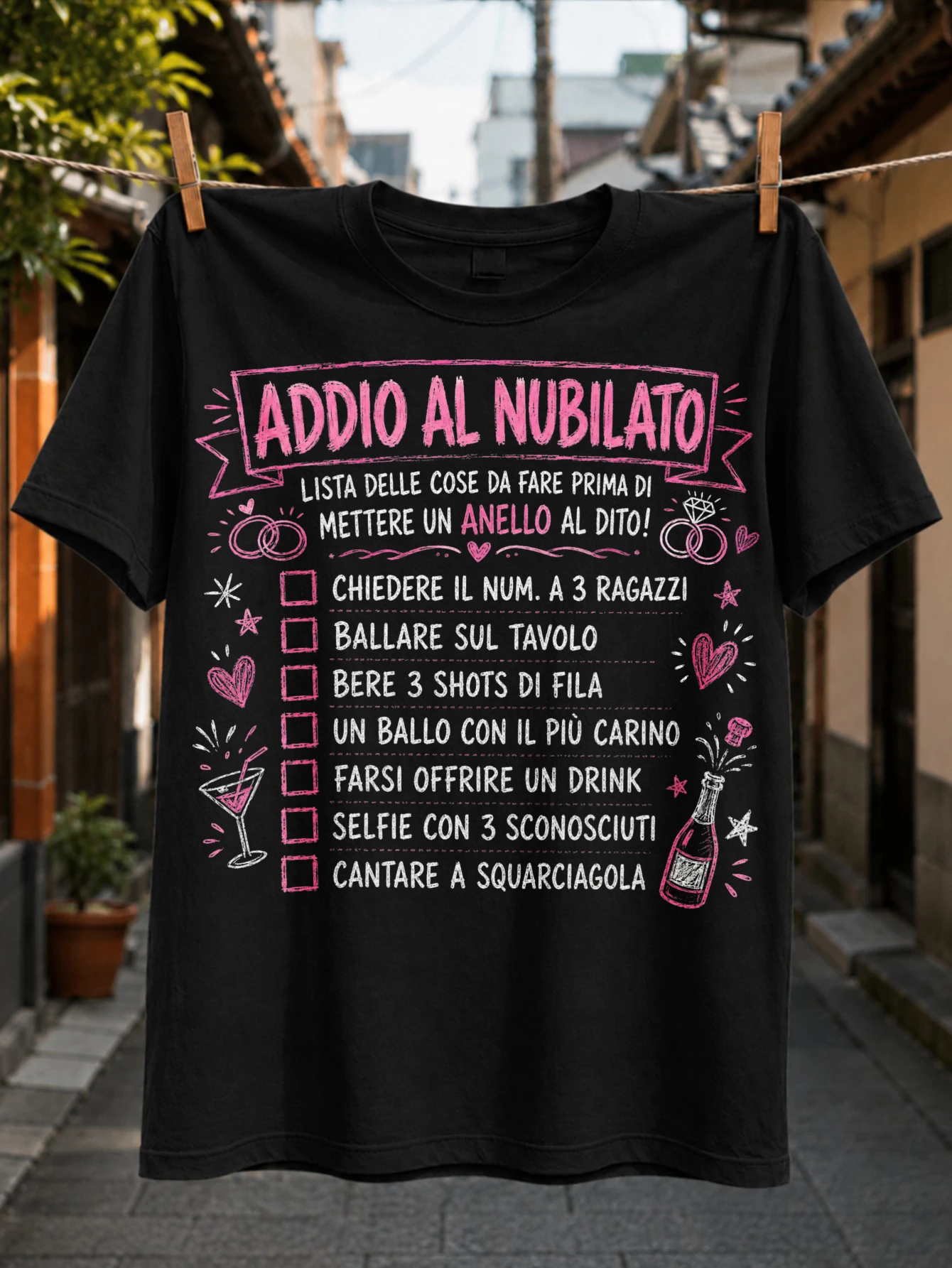 Italian Addio al Nubilato checklist with wedding rings martini champagne and chalk doodle style  Unisex All T-Shirt