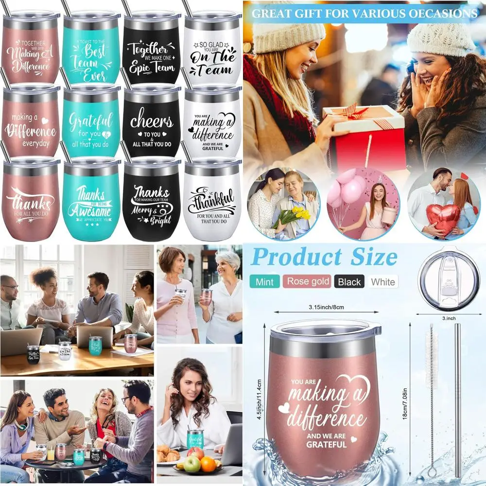 

Bulk 12 oz Stainless Steel Tumblers with Lids & Straws - Elegant Style, 12-Pack for Employee Christmas Appreciation